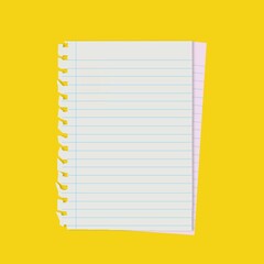 paper page with yellow background, notebook isolated on white