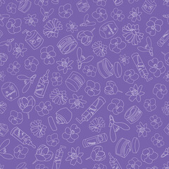 Skincare and flowers spring purple seamless pattern