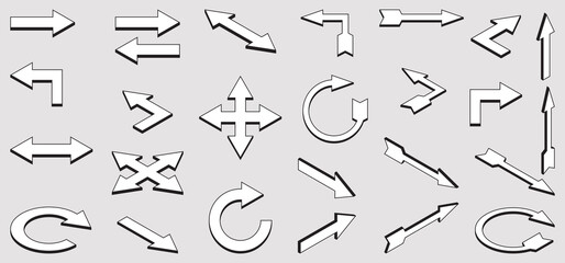 A set of black-and-white arrow icons in different angles on a gray background.Different arrows showing different directions are made in 3d style.Can be used in design elements.Isometric vector illustr