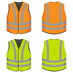 A set of protective vests in orange and yellow.Vests front and back view isolated on white background.Flat vector illustration.