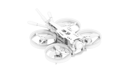 3D rendering of a race quad drone cinematic footage tool computer model on white background.