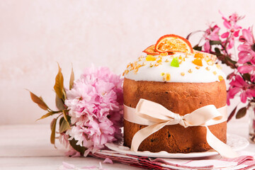 Easter cake with bouquet of pink flowers
