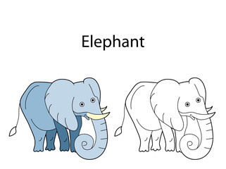 Funny cute animal elephant isolated on white background. Linear, contour, black and white and colored version. Illustration can be used for coloring book and pictures for children