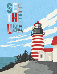 Retro style travel poster design for the United States.  Scenic image of a lighthouse on the coast. Limited colors, no gradients.  Vector illustration.