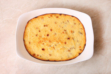 Cottage cheese casserole in a baking dish