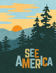 Retro style travel poster design for the United States.  Scenic image of mountains and pine trees at sunset. Limited colors, no gradients.  Vector illustration. - 429545893
