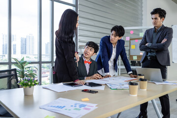 Successful happy workers Group of asian business people with diverse genders (LGBT) workers with in company workers Group of asian business people and support in the meeting room at office