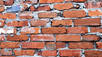 fragment of an old destroyed wall made of orange chipped bricks and abundant dried mortar, antique wall of an abandoned building, background of aged brickwork