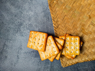 Sweet Crunchy Crackers isolated on abstract background. Flay Lay. Copy Space.