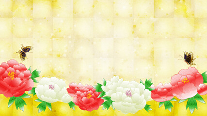 金箔の背景に牡丹の花　コピースペースあり