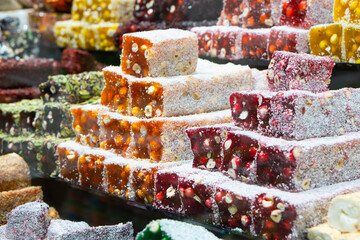 .Traditional oriental sweet pastry cookies, nuts, dried fruits, pastilles, marmalade, Turkish...
