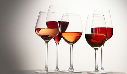 Red, rose and white wine in glasses