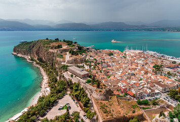 High angle view of Akronafplia peninsula and the old town of Nafpion, in Peloponnese, Greece. Bourtzi is seen in the background.