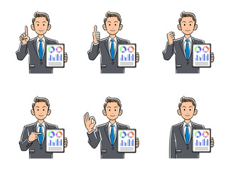 タブレットPCを持つスーツ姿の若い男性のイラストセット
