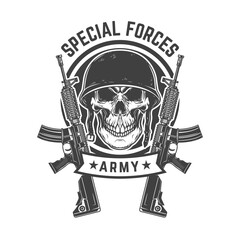 Soldier skull with assault rifles. Design element for logo, label, sign, emblem, poster. Vector illustration