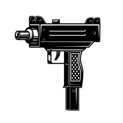 Illustration of automatic uzi handgun in monochrome style. Design element for logo, label, sign, poster. Vector illustration