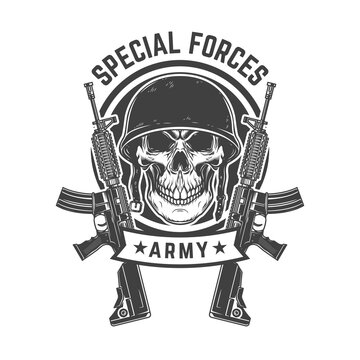 Soldier skull with assault rifles. Design element for logo, label, sign, emblem, poster. Vector illustration