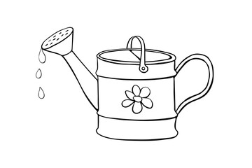 Watering can with flower in hand drawn doodle style isolated on white background. Vector outline illustration. Tools for working on the farm, in the dacha, country