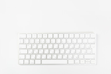 Aluminum keyboard of a modern computer with a green plant in a flowerpot close up on a white background.
