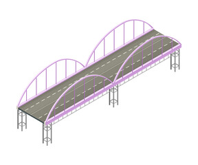 Fixed Bridge with Metal Arch and Tie Rod oated with Asphalt Isometric Vector Illustration