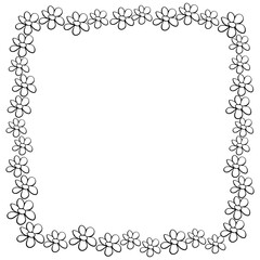 Vector hand drawn frame, border from black outline small flowers in doodle style. Cute simple primitive background, decoration for invitation, greeting card, wedding