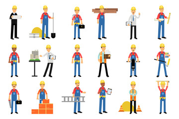Fototapeta na wymiar Constructor or Builder in Yellow Hard Hat Holding Shovel and Carrying Construction Material Vector Illustration Set