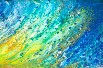 Naklejka na ściany i meble Marble blue and green abstract background in sea summer style. Liquid close up ink pattern.