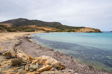 Livadia Beach, a sandy beach with crystal and shallow waters on the western side of Antiparos. Cyclades, Greece