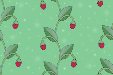 Seamless floral pattern with red strawberries on a green background.