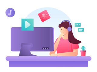 Modern Flat Illustration of A woman is watching and listening to a podcast