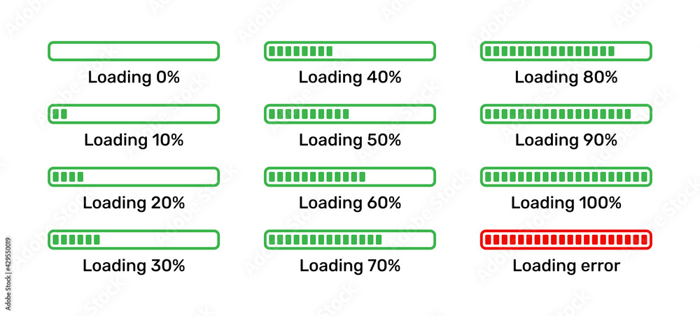 Poster set of loading, uploading, downloading status bar icons illustration.