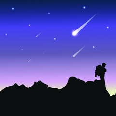 the illustration shows a tourist walking in the mountains. night falls, comets fall, and stars shine