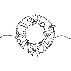 Continuous one line of christmas wreath in silhouette. Minimal style. Perfect for cards, party invitations, posters, stickers, clothing. Black abstract icon.