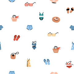 Seamless pattern with summer icons. Repeat design with summer clothes, footwear and accessories. Flat vector illustration