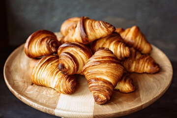 Fresh baked croissants. Warm fragrant butter croissants and rolls on a wooden stand. French and American pastries are popular all over the world.
