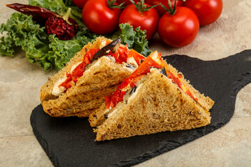 Club sandwich with eggplant and cheese