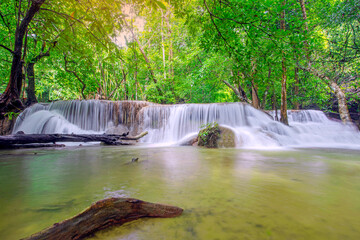 Huay Mae Khamin Waterfall, 7th floor, waterfall in the national park Beautiful landscape waterfalls in a tropical rainforest in Kanchanaburi. Thailand.