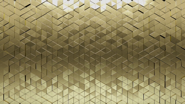 3D, Luxurious Wall background with tiles. Gold, tile Wallpaper with Polished, Triangular blocks. 3D Render