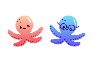 Couple of cartoon style cute baby octopus characters happy and sad.
