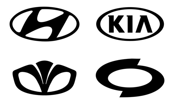 Vinnytsia, Ukraine - April 22, 2021: Set of most popular Korean car companies logo. Black automobile emblems sign. Hyundai, Kia, Daewoo, Renault Samsung Motors. Editorial vector isolated on white back