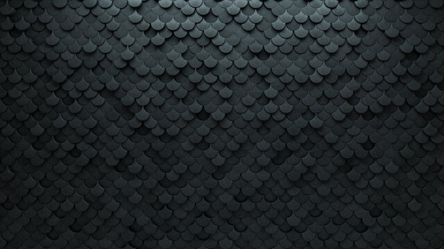 3D, Concrete Wall background with tiles. Fish Scale, tile Wallpaper with Futuristic, Polished blocks. 3D Render