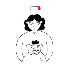 Stressed and tired mother with crying baby. Outline illustration on white background.
