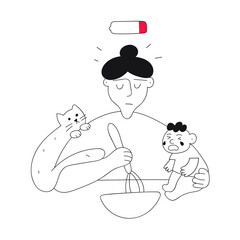 Tired mother cooking and holding baby. Outline illustration on white background.