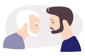 Elderly man with gray hair and wrinkles and his adult son. Flat vector illuctration. Caucasian Portraits in profile. Family, generation and people concept. Young guy and his old father. Two men