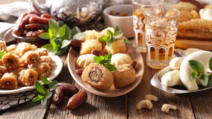 arabic dessert selection-baklava,  mint tea
