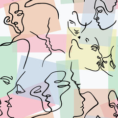 Abstract drawing of female and male faces with black lines on a colored background.Seamless pattern.