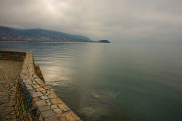 OHRID, NORTH MACEDONIA: Landscape with a view of Lake Ohrid on a cloudy day.