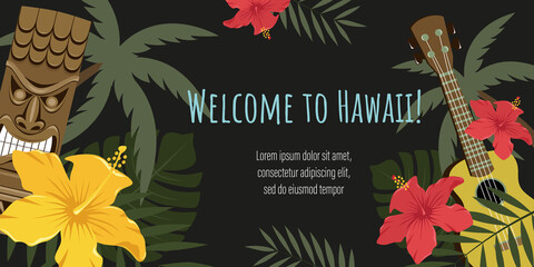 Banner with the image of a statue of Tiki, guitar, palm leaves, flowers. An invitation to Hawaii. Template for banner, flyer, postcard.