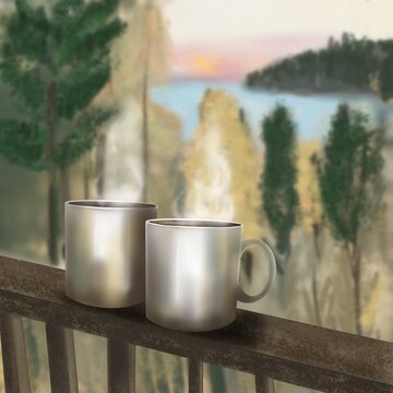 Illustration Of Two Cups With Coffee On The Background Of The Forest And Lake
