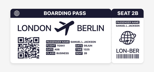 Realistic airline ticket. Isolated flight boarding pass  on white background. Modern plane ticket with city, passenger, gate, flight, class, seat. Travel concept, flat vector illustration. - obrazy, fototapety, plakaty